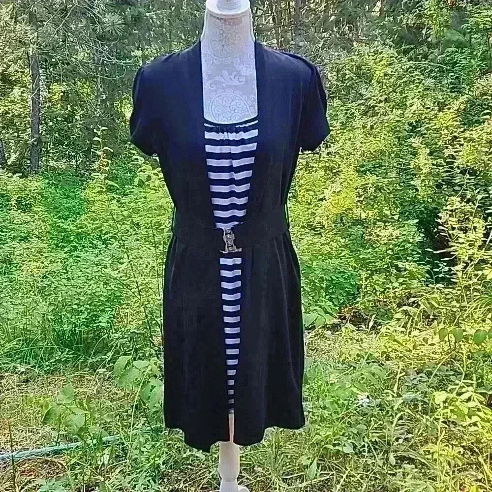 Three hearts brand Black and white  striped dress with belt one piece